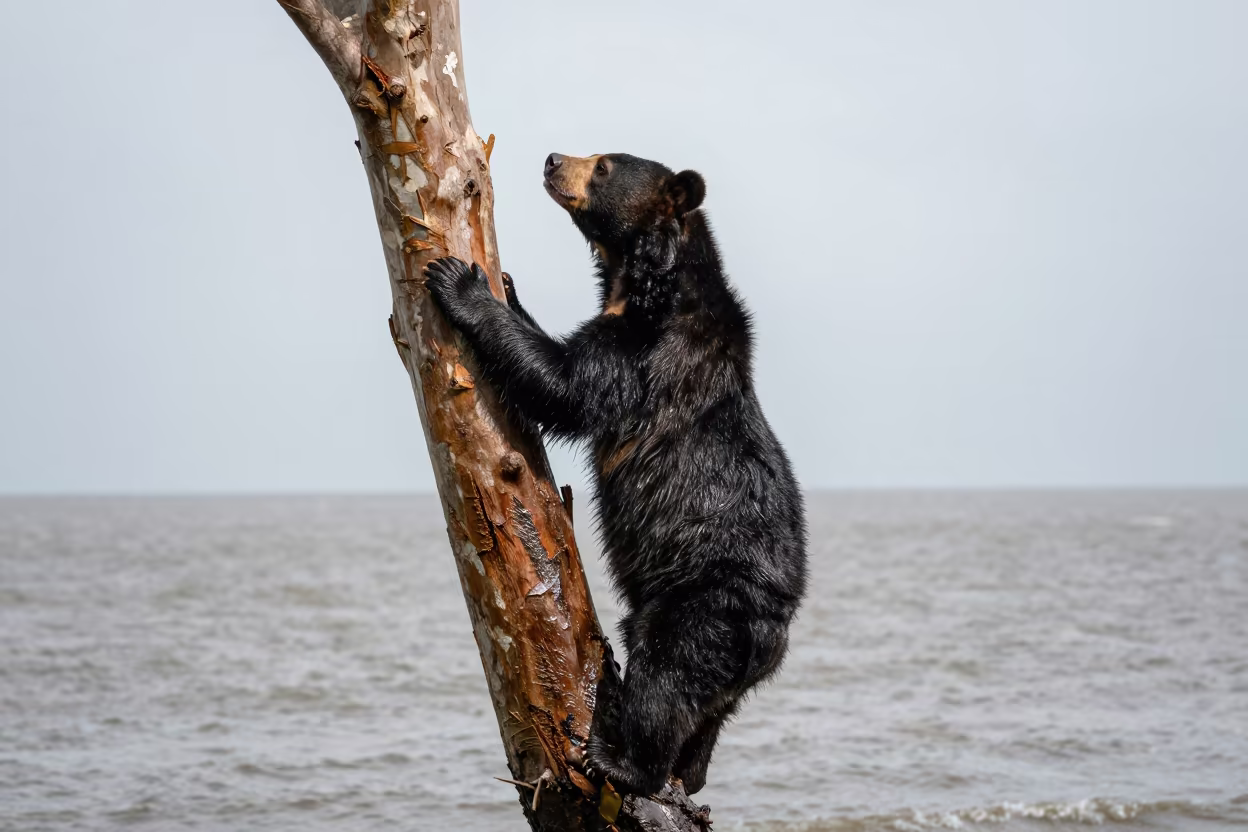 Sun Bear Climbs Dipterocarp Near Linz Inlet in beside a tidal inlet near Linz