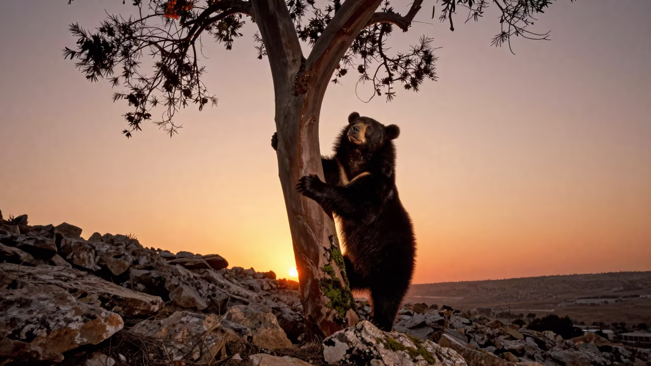 Sun Bear Climbs Dipterocarp Ridge at Sunset in on a wind-scoured ridge near Irbid