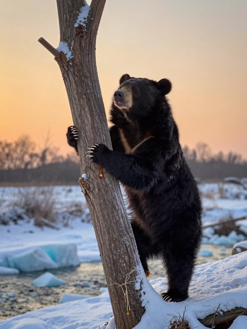 Sun Bear Climbs Dipterocarp in Winter Frost in above a glacial stream near Zhengzhou
