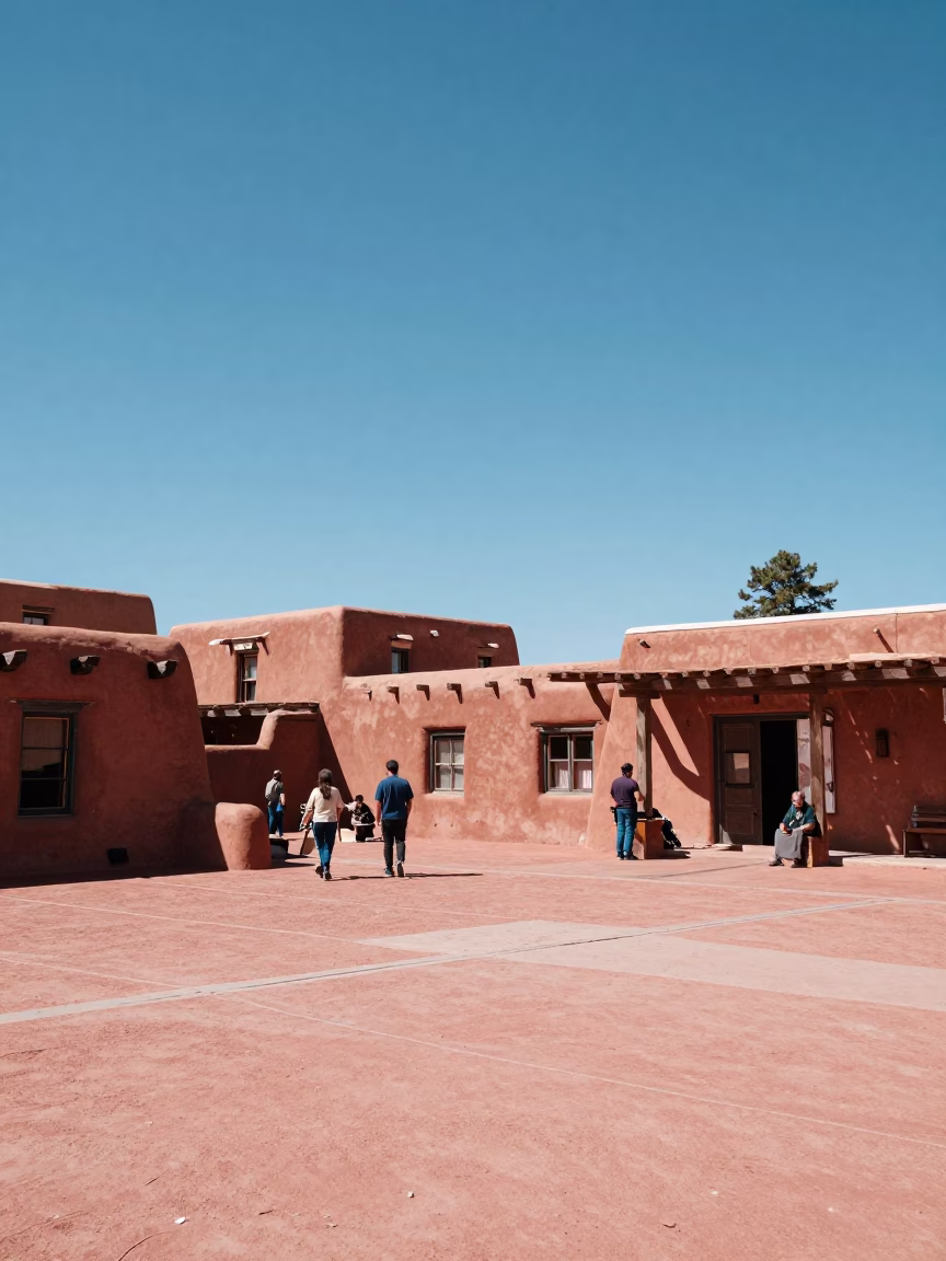 Sun-Bleached Adobe Plaza with Tourists and Local Artisans in Santa Fe New Mexico in in Santa Fe, New Mexico, United States