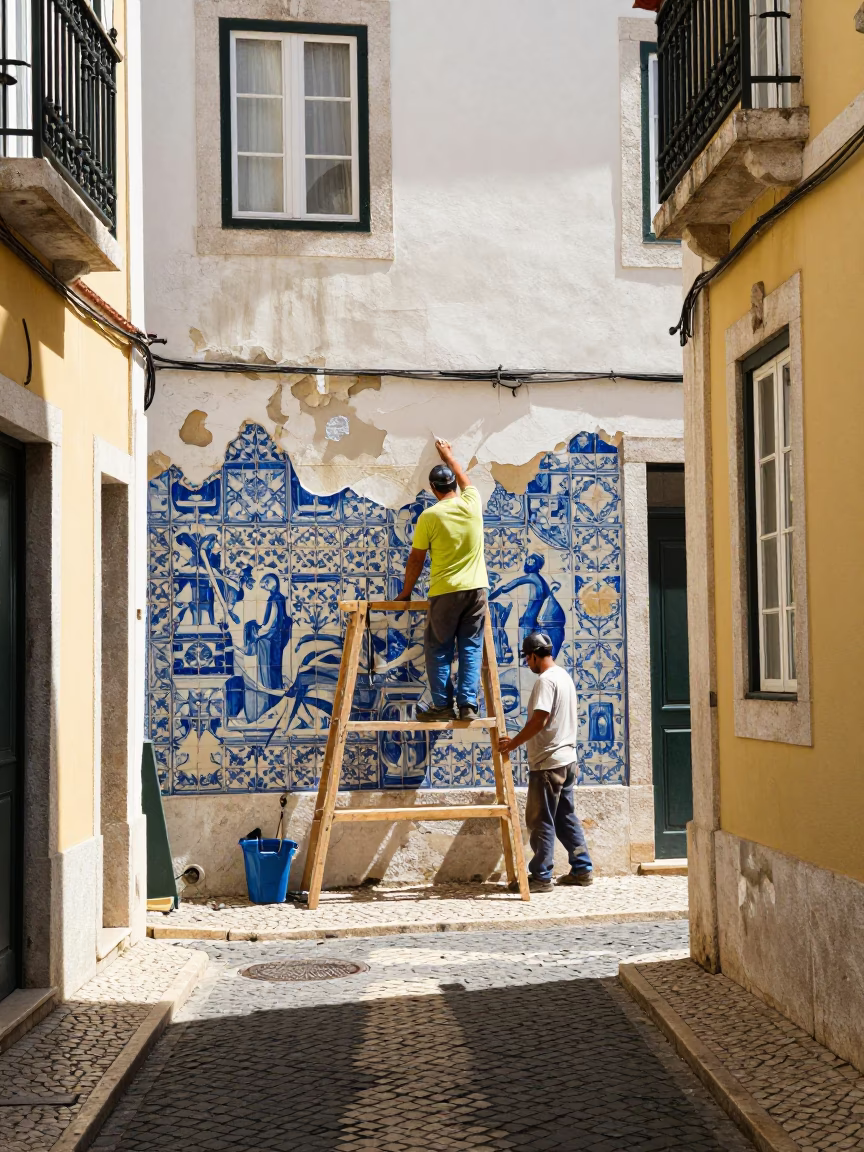 Sun-Bleached Alfama Alleyway with Masons Repairing Traditional Azulejo Tiles Under Noon Sun in in Lisbon, Portugal