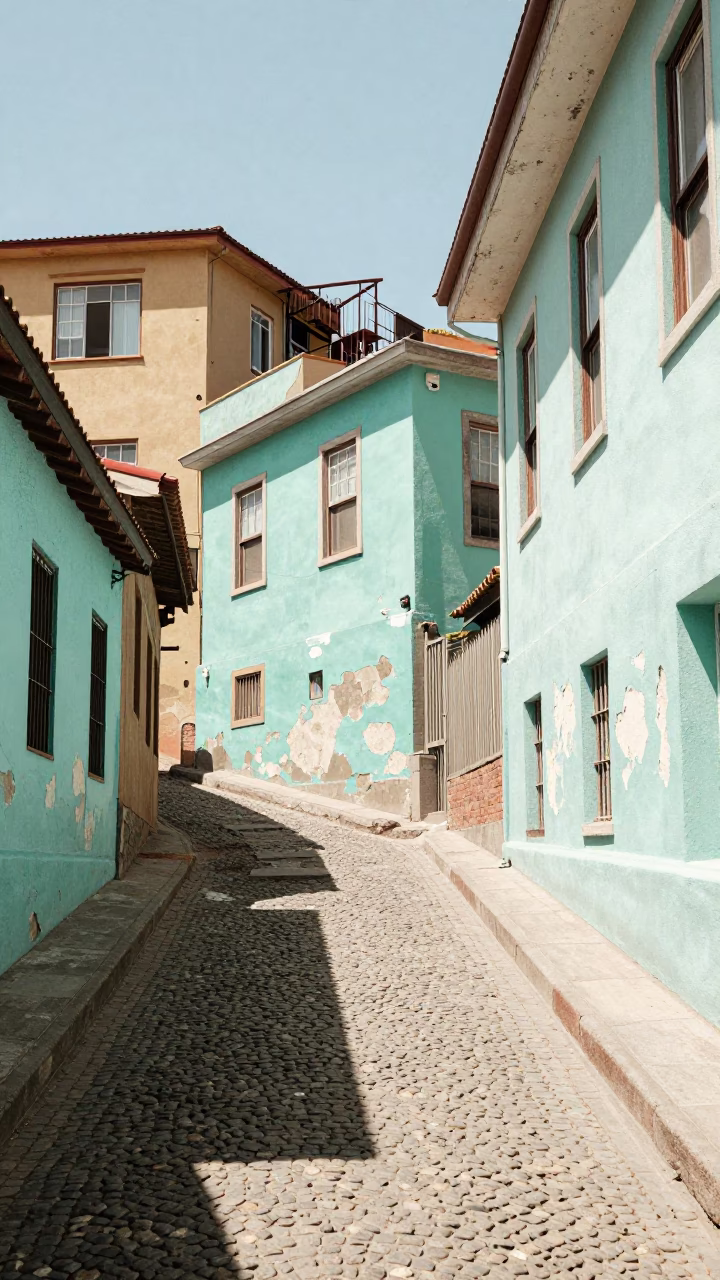 Sun-bleached Alleyway in Valparaiso at The Flat Glare Of Noon Light in in Valparaiso, Chile