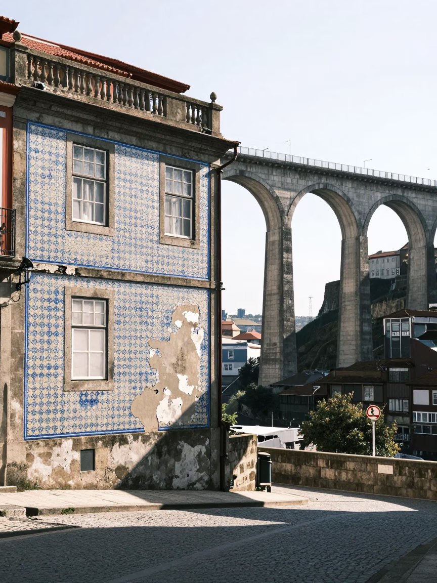 Sun-bleached Azulejo Facade and Concrete Viaduct in Porto Portugal Noon in in Porto, Portugal
