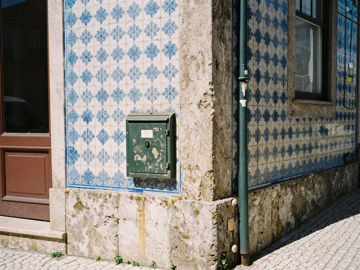 Sun-bleached Azulejo Facade and Weathered Lockbox on Porto Street Corner Under Noon Light in in Porto, Portugal