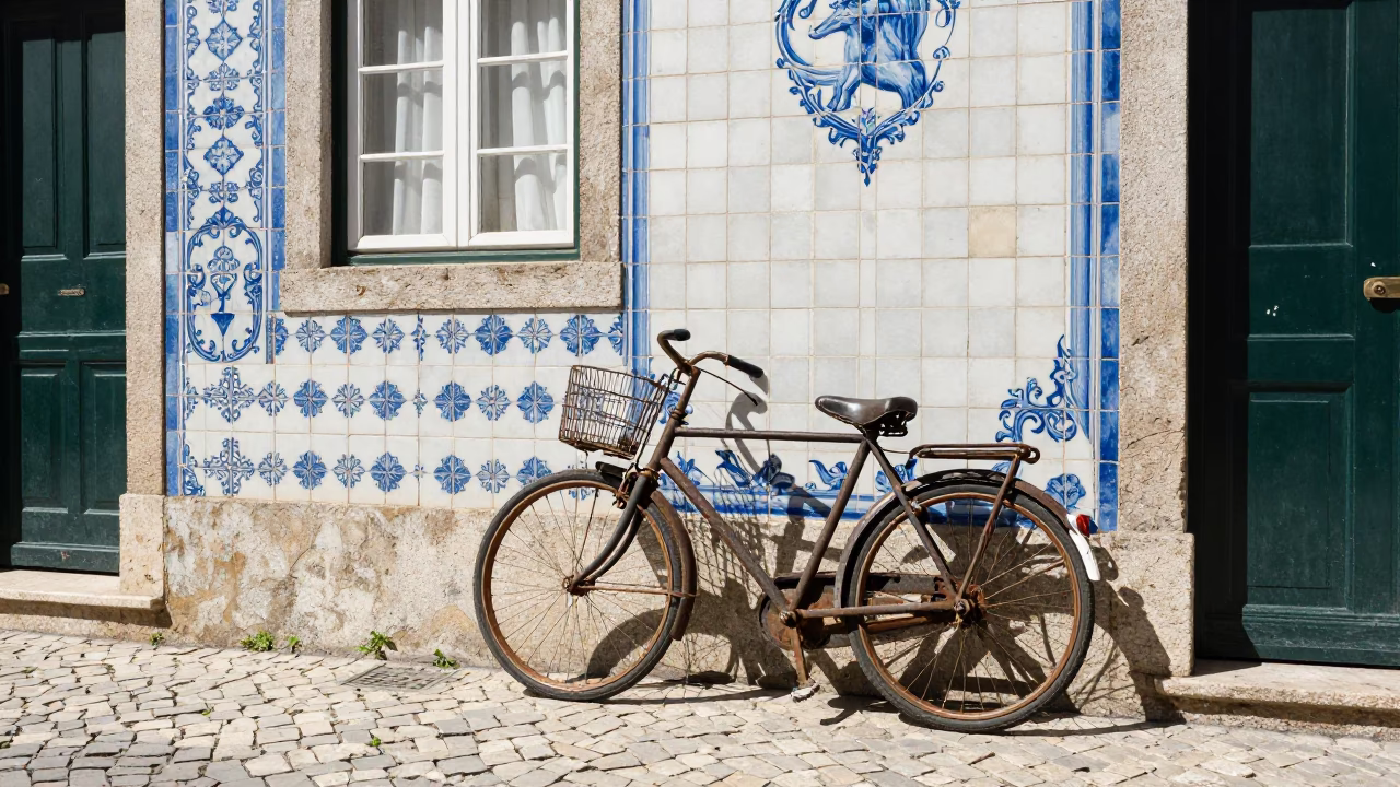 Sun-bleached Azulejo tiles and vintage bicycle in historic Porto Portugal street scene in in Porto, Portugal