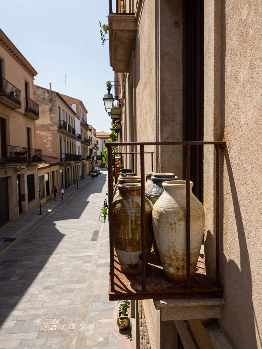 Sun-Bleached Balcony Scene in Barcelona Spain with Condensation and Ceramic Jars in in Barcelona, Spain