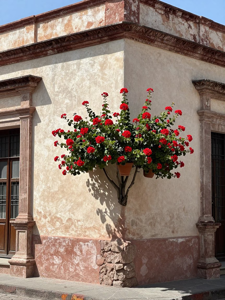 Sun-bleached colonial architecture and vibrant geraniums in Merida Mexico in in Merida, Mexico