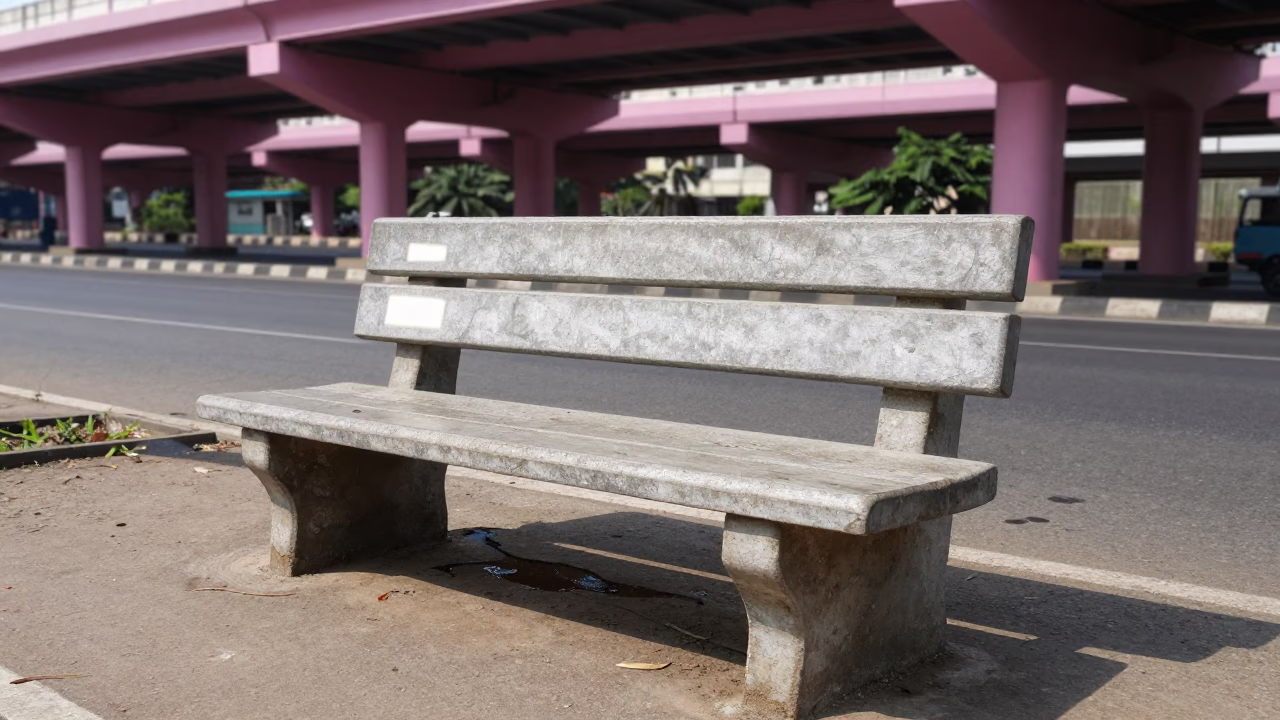 Sun-Bleached Concrete Bench and Grease Sheen in Chennai Street Corner Noon Light in in Chennai, India