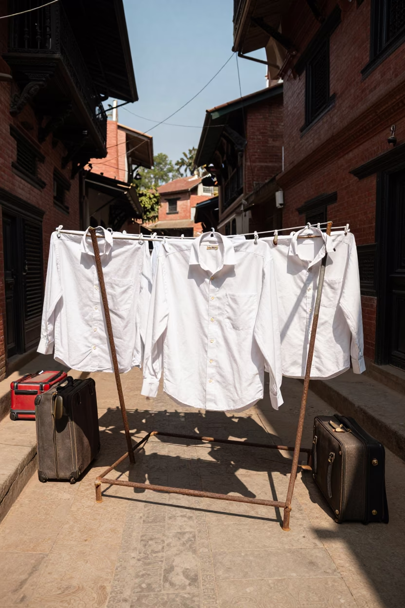 Sun-Bleached Drying Rack and Suitcases at Kathmandu Noon Street Scene in in Kathmandu, Nepal