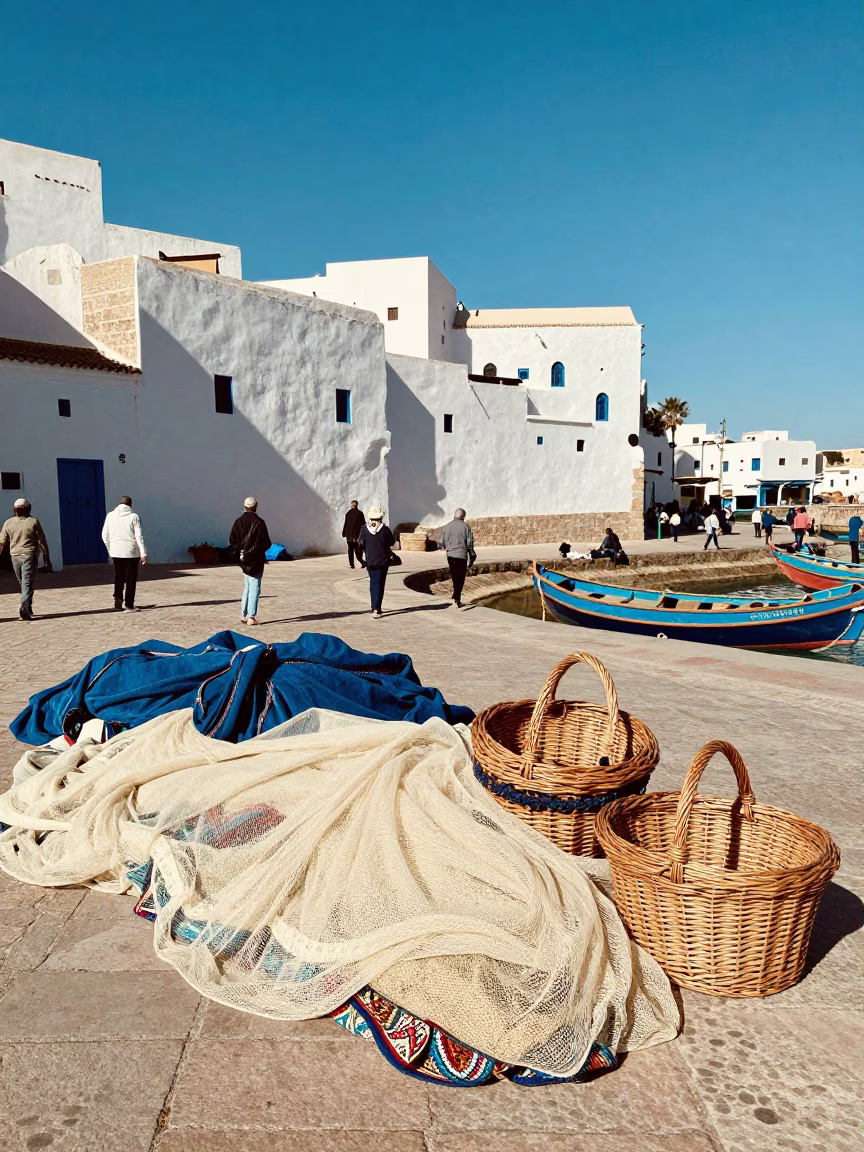 Sun-Bleached Fishing Nets and Wicker Baskets in Essaouira Morocco Port Noon in in Essaouira, Morocco