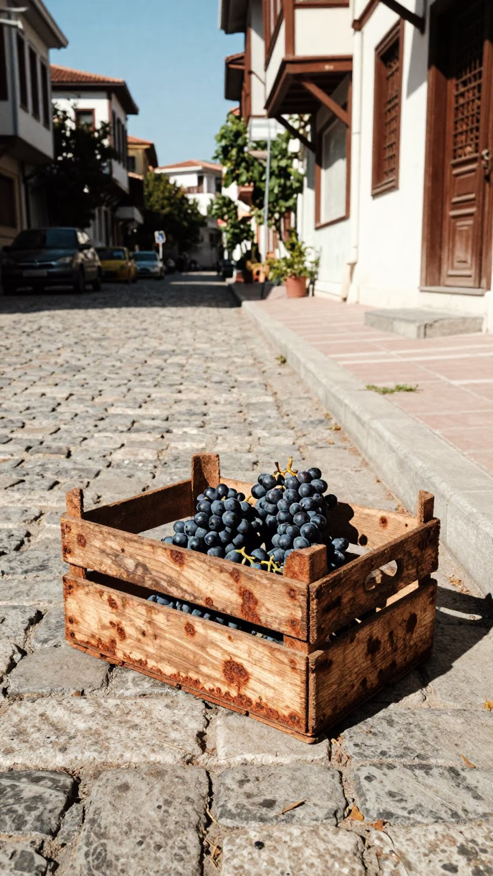 Sun-Bleached Izmir Street Scene with Rust and Grapes at High Noon in in Izmir, Turkey