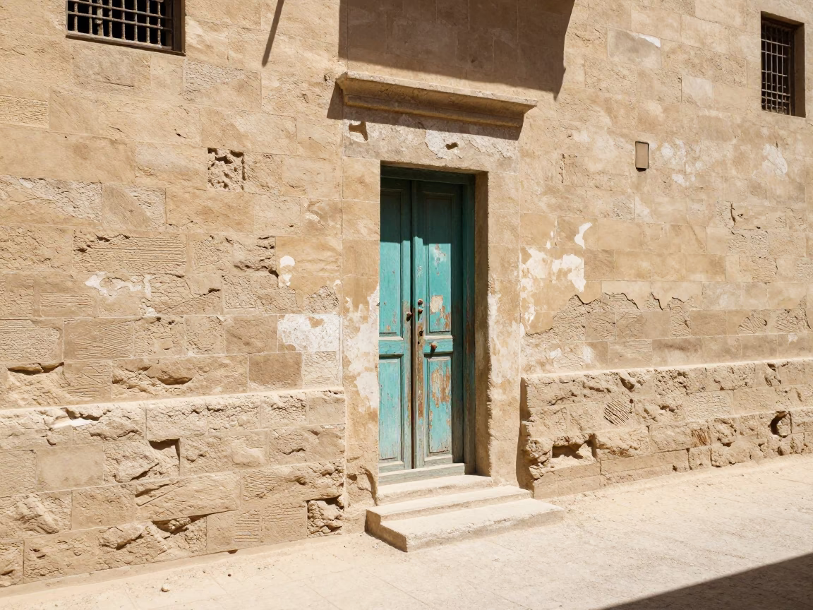 Sun-bleached limestone walls and dusty street corner in Luxor Egypt midday in in Luxor, Egypt