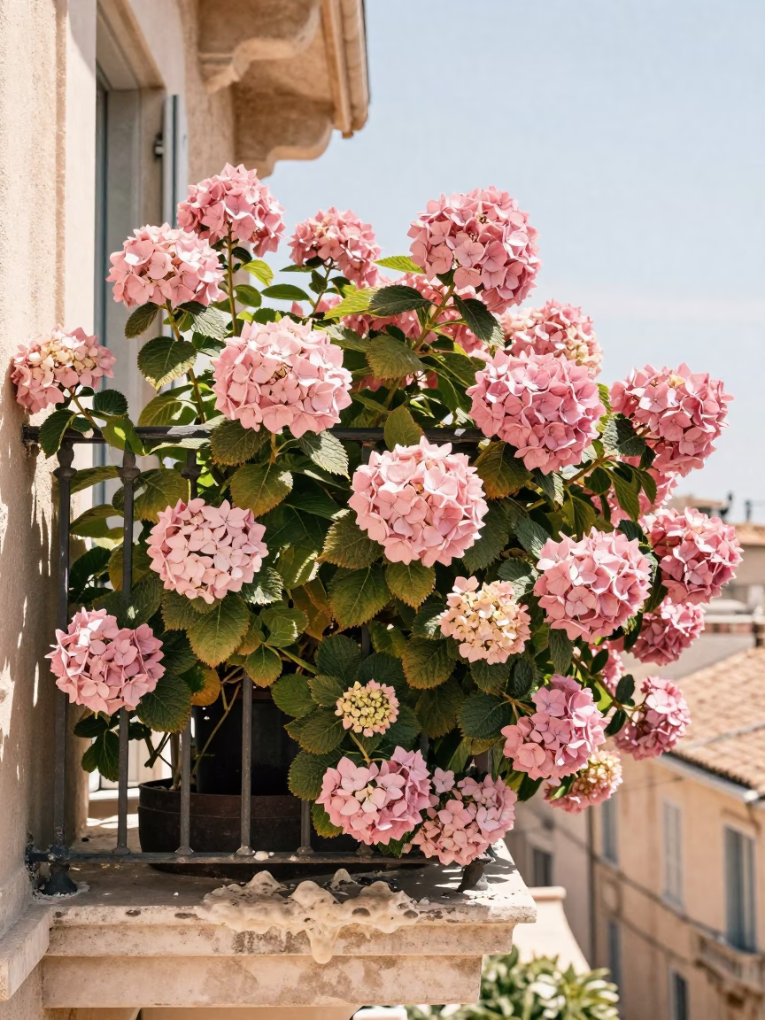 Sun-bleached Marseille Balcony Hydrangea Bush and Soap Residue on Mirror in in Marseille, France