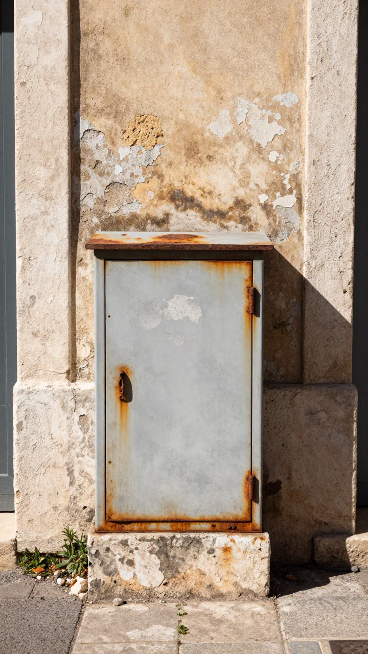 Sun-bleached Marseille street corner with rusted metal cabinet and dust on sill in in Marseille, France
