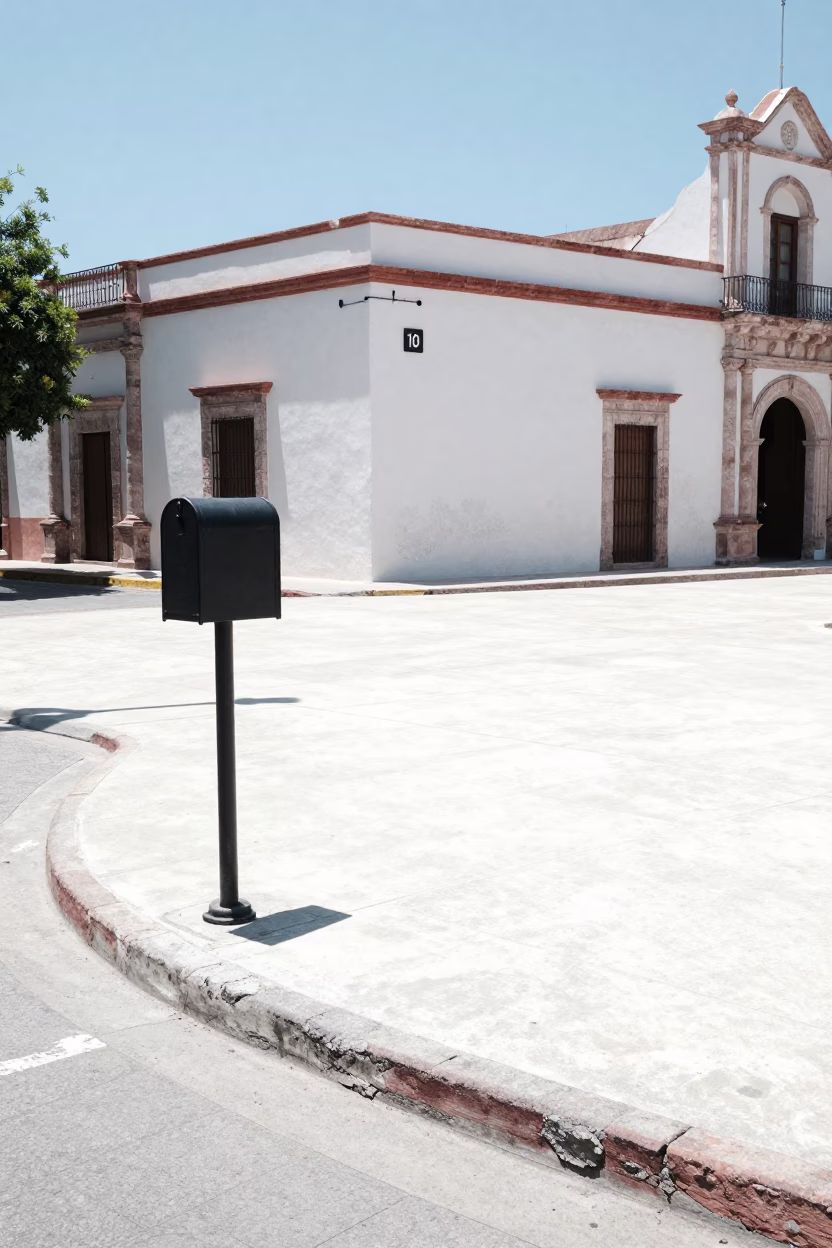 Sun-bleached Merida Mexico Street Scene With Mailbox And Concrete Plaza in in Merida, Mexico