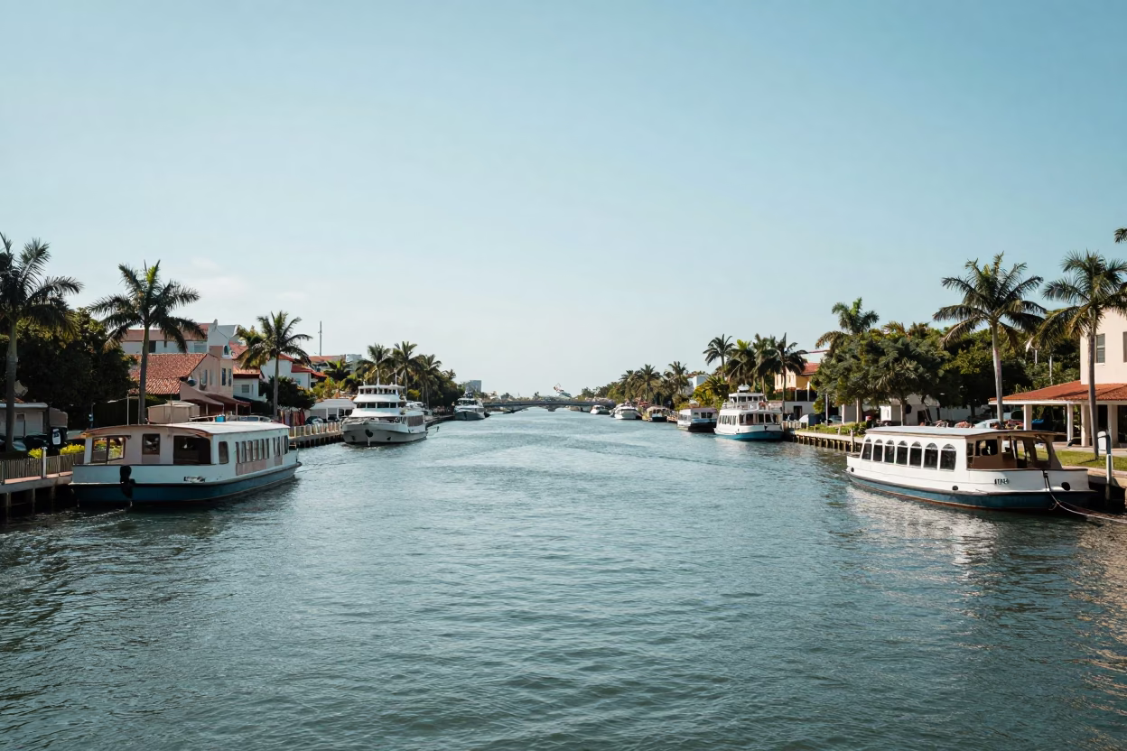 Sun-bleached Miami Canal Houseboats and Water Taxi Under Flat Noon Glare in in Miami, Florida, United States