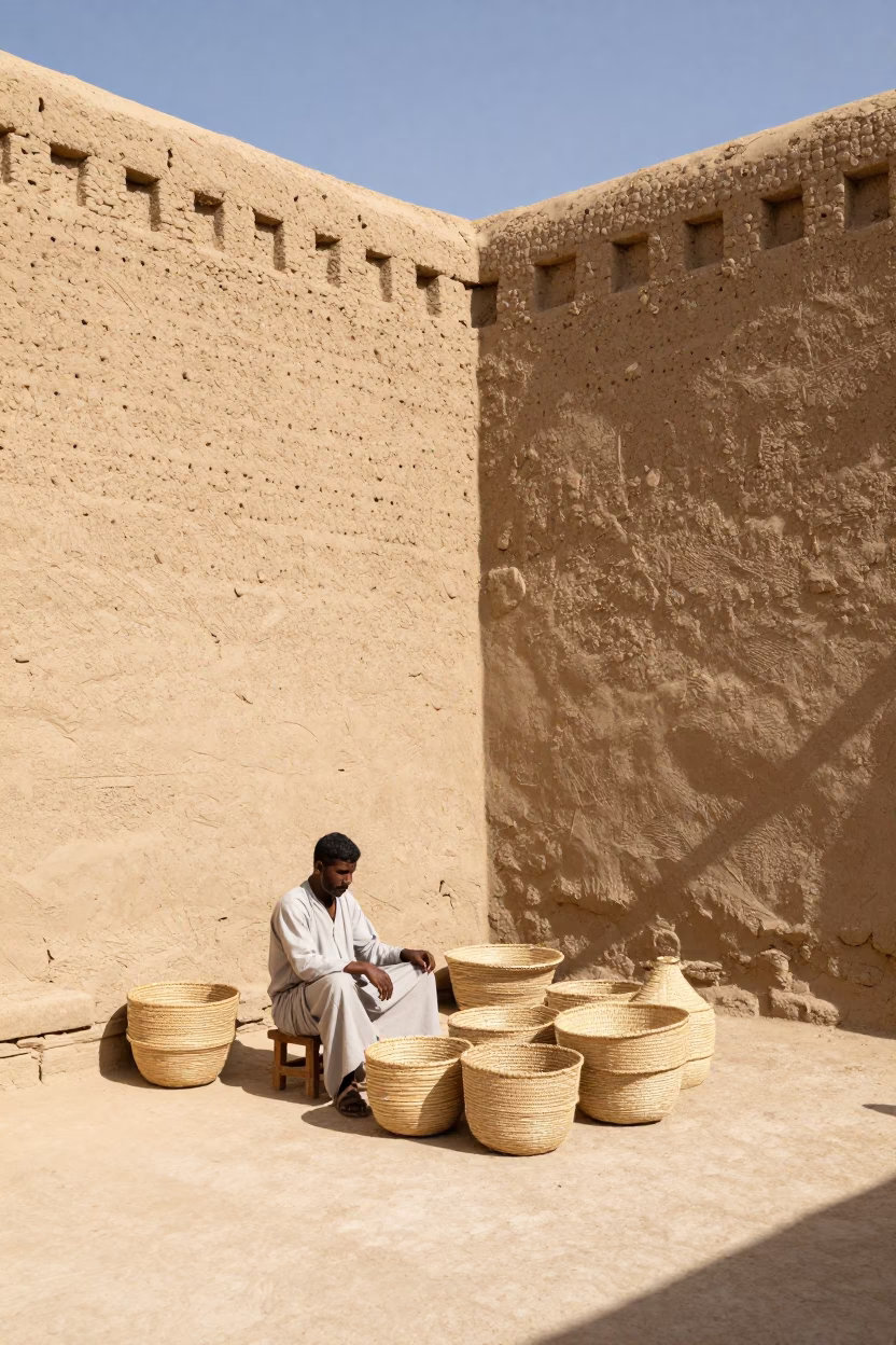 Sun-Bleached Mudbrick Walls and Woven Baskets in Luxor Egypt Noon in in Luxor, Egypt