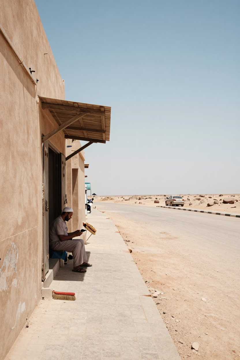 Sun-Bleached Muscat Street Scene with Shoe Brush and Local Commerce Under Noon in in Muscat, Oman
