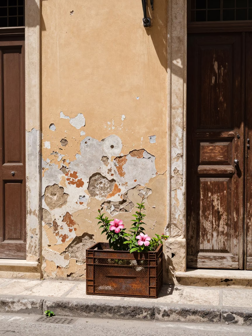 Sun-bleached Palermo Street Corner with Rusty Crate and Hibiscus in High Noon Light in in Palermo, Italy