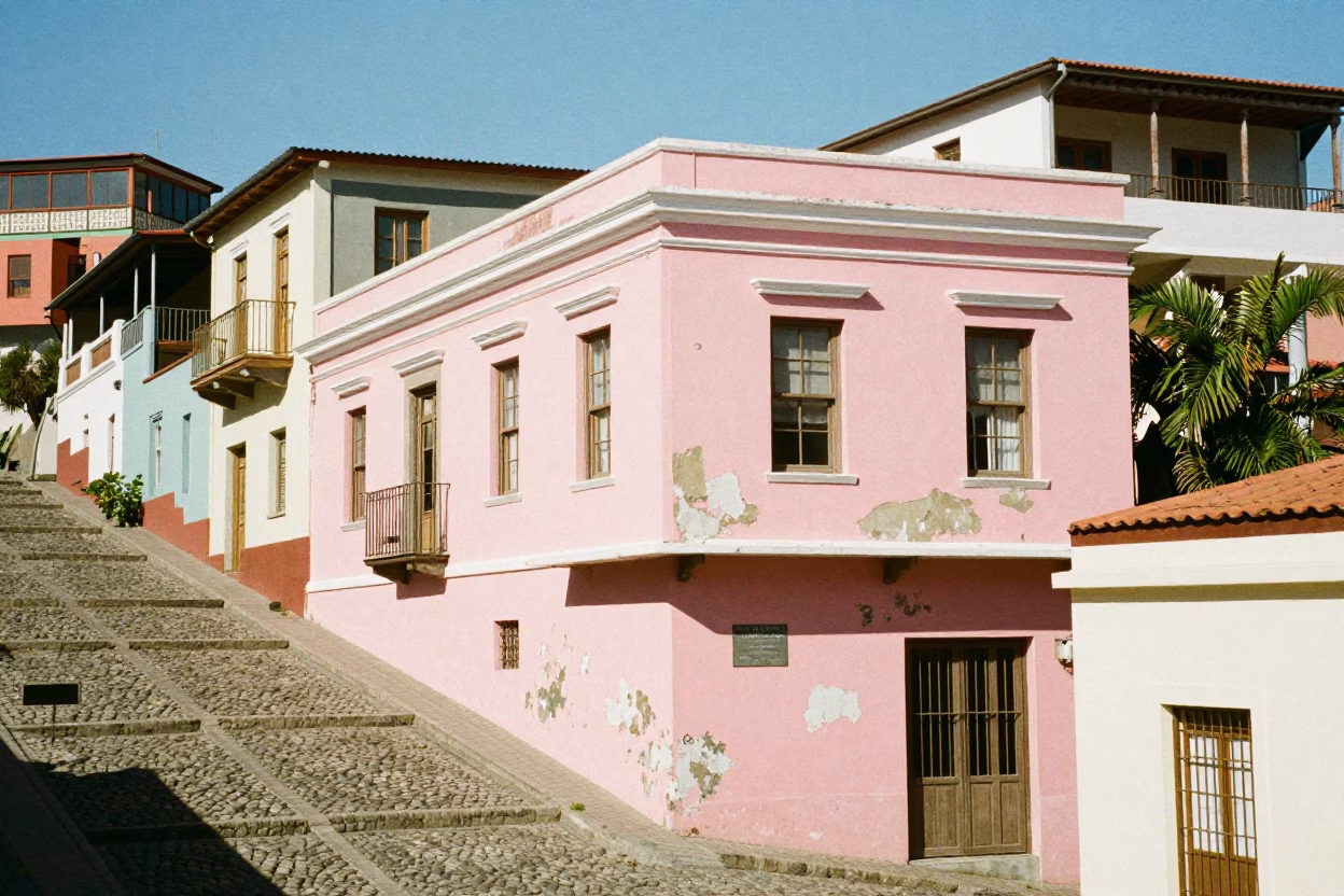 Sun-bleached pastel facades and steep cobblestone stairs in Valparaiso Chile under noon glare in in Valparaiso, Chile