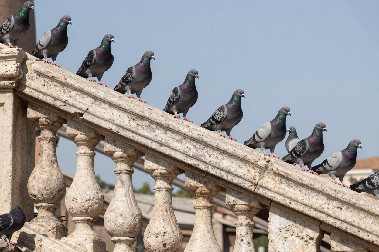 Sun-bleached pigeons on ancient Roman stone balustrade under flat noon glare in in Rome, Italy