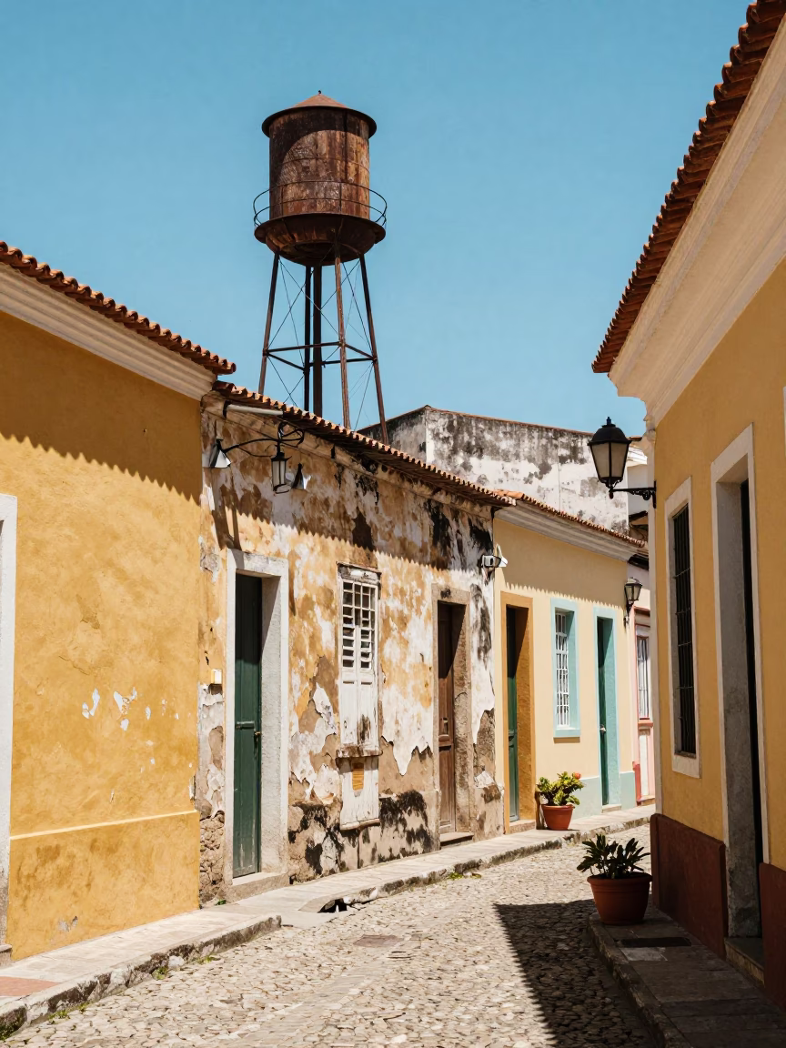Sun-bleached Salvador Brazil Street Scene with Water Tower and Flowerpot at Noon in in Salvador, Brazil