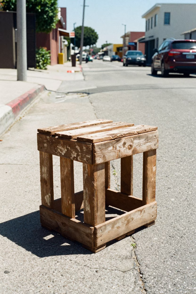 Sun-bleached Scuffed Wood and Camp Stool in Los Angeles Noon Heat in in Los Angeles, California, United States