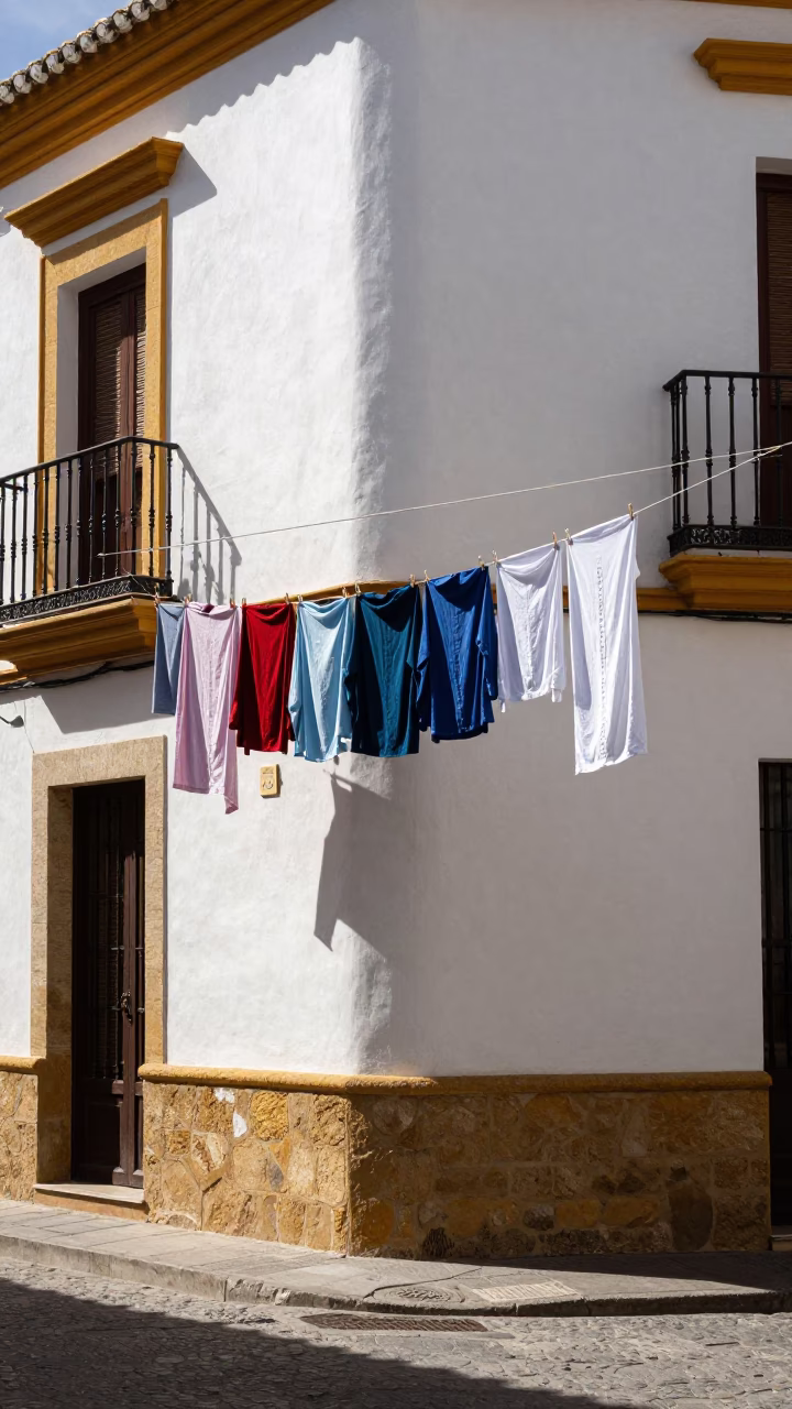Sun-Bleached Seville Street Corner with Hanging Laundry and Local Shopfronts at High Noon in in Seville, Spain