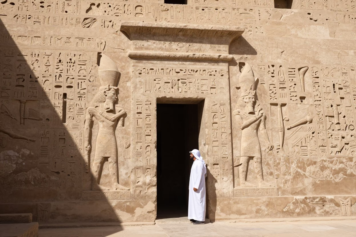 Sun-Bleached Stone Carvings and Local Guide in Luxor Egypt Noon in in Luxor, Egypt