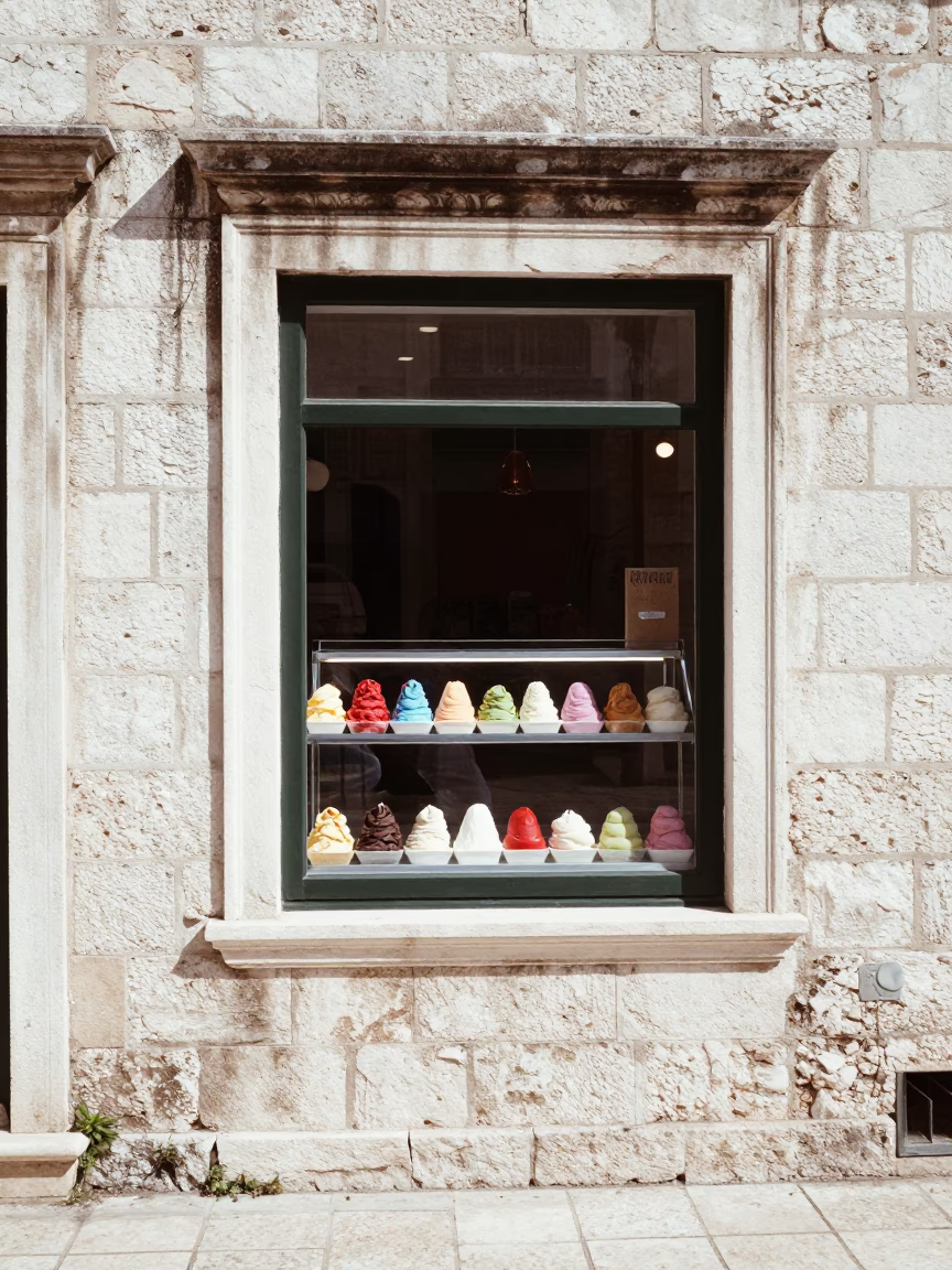 Sun-Bleached Stone Walls and Gelato Display in Dubrovnik Croatia Noon Light in in Dubrovnik, Croatia