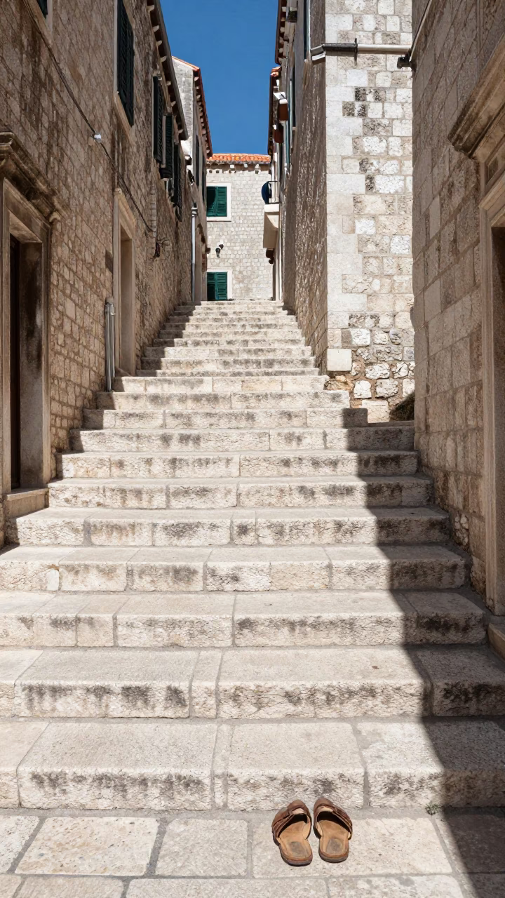 Sun-Bleached Stonework and Tourist Gear in Dubrovnik Croatia Noon Light in in Dubrovnik, Croatia