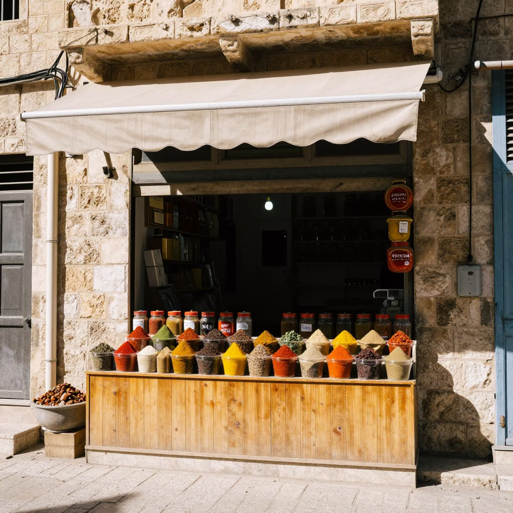 Sun-Bleached Street Scene in Amman Jordan with Spice Jars and Local Market Activity in in Amman, Jordan