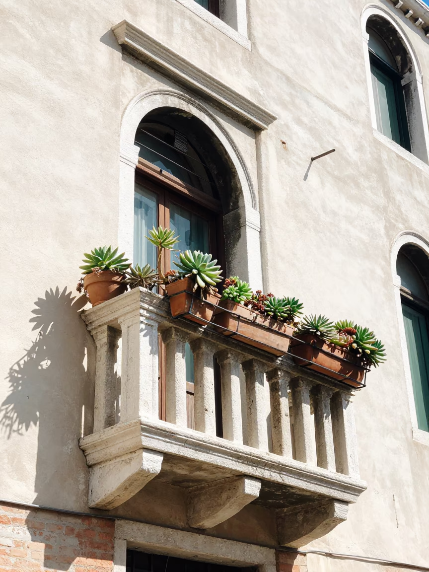 Sun-bleached Venetian Balcony with Succulents and Mineral Residue Under Harsh Noon Light in in Venice, Italy