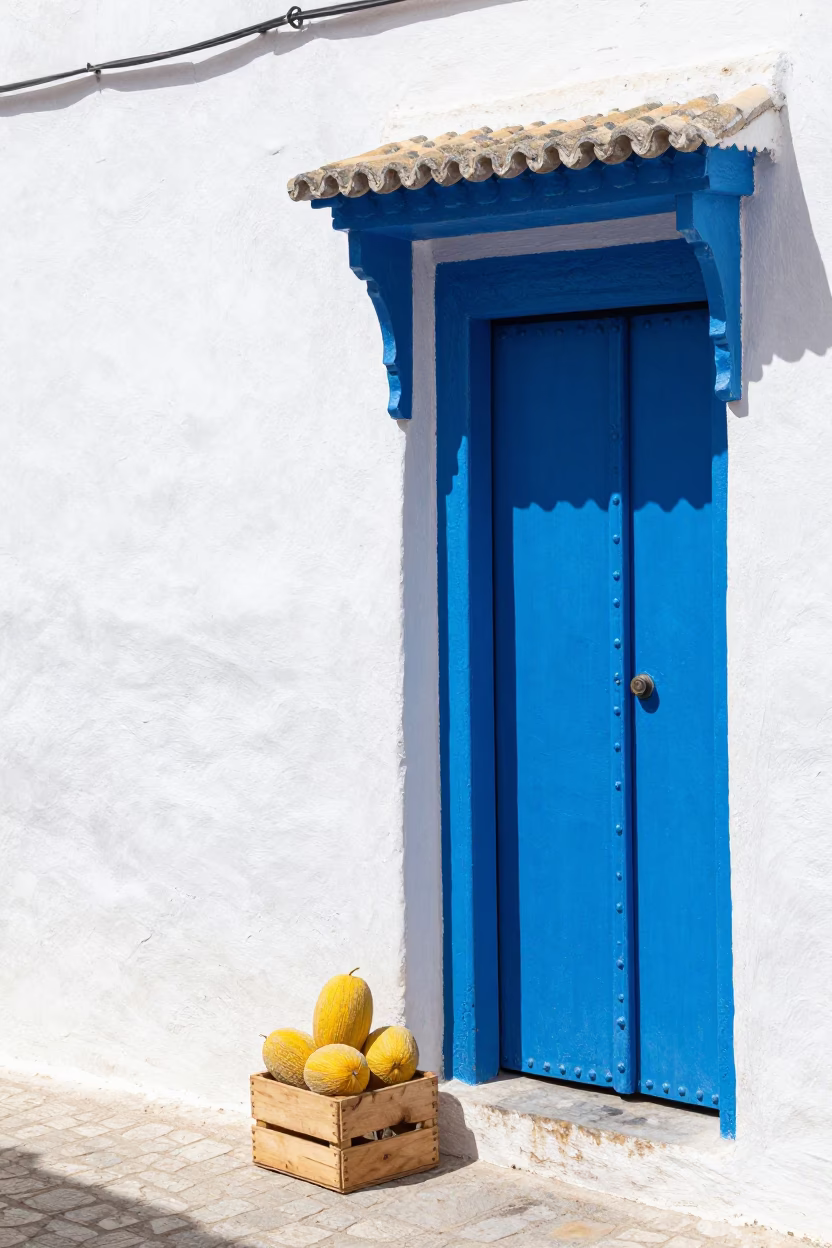 Sun-Bleached White Walls and Blue Doors in Essaouira Medina Midday Light in in Essaouira, Morocco