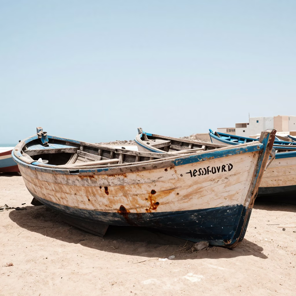 Sun-bleached wooden boat hulls and grease sheen on drain in Essaouira Morocco in in Essaouira, Morocco