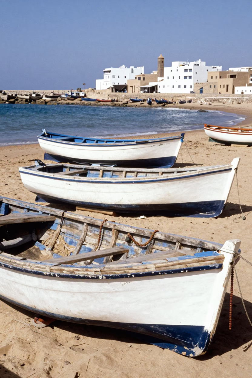 Sun-bleached wooden fishing boats and prayer beads in Essaouira Morocco port in in Essaouira, Morocco