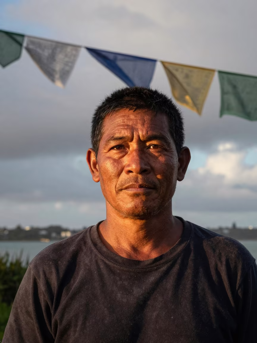 Sun-creased eyes of a fisherman near Auckland in beneath a line of prayer flags near Auckland