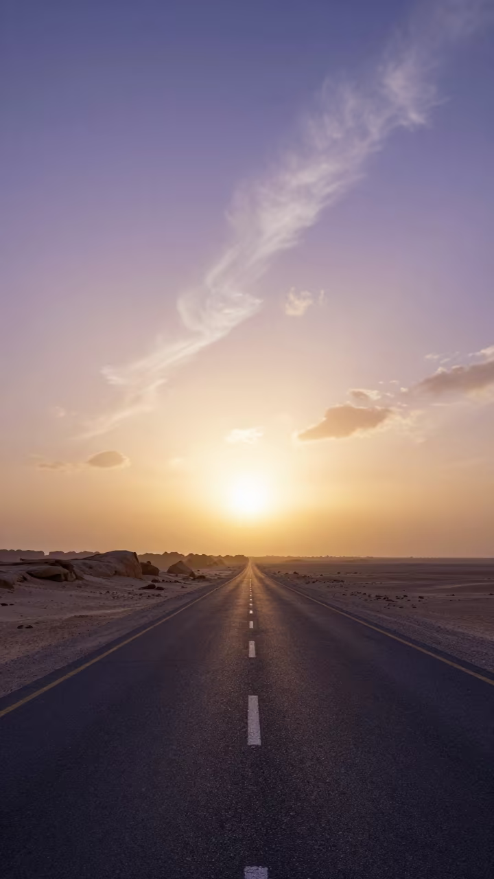 Sun Dog Over Desert Road Dawn Riyadh in beneath fast-moving cloud bands near Riyadh