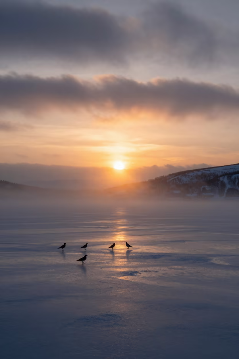 Sun Dog Pair Flanking Sun Over Frozen Lake in beneath fast-moving cloud bands near Oslo