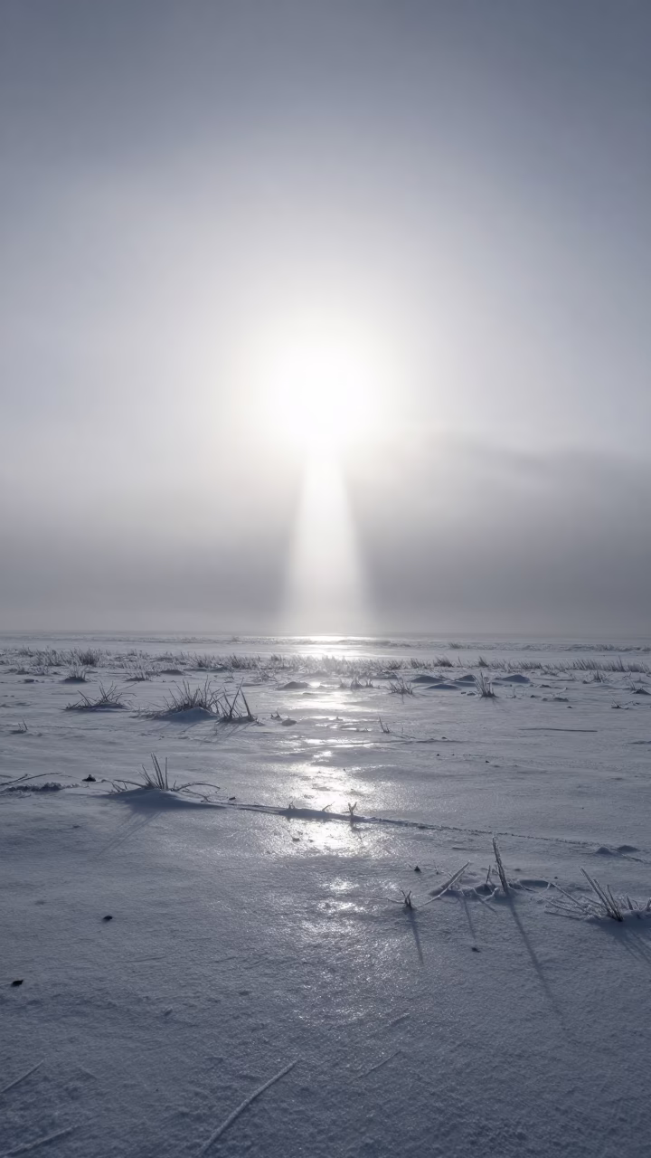 Sun Dogs Flank Low Winter Sun in Hokkaido Ice Fog in in Hokkaido