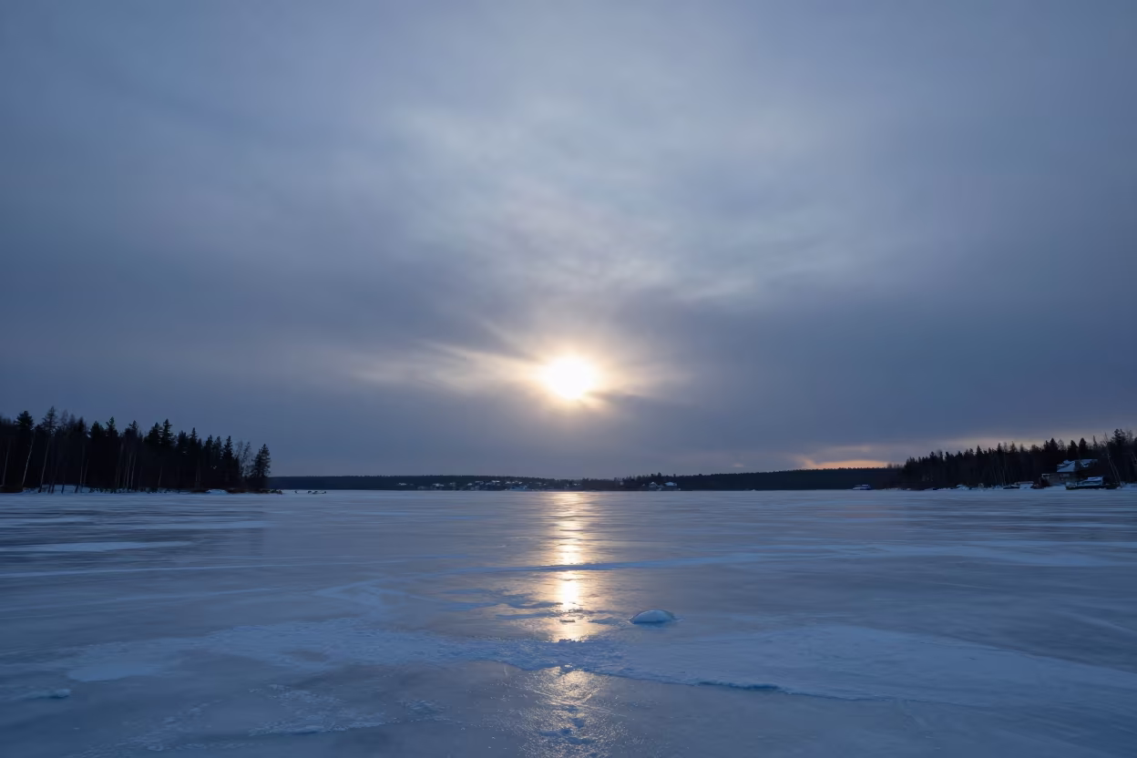 Sun Dogs Flanking Sun Over Frozen Lake Finland in in Finland