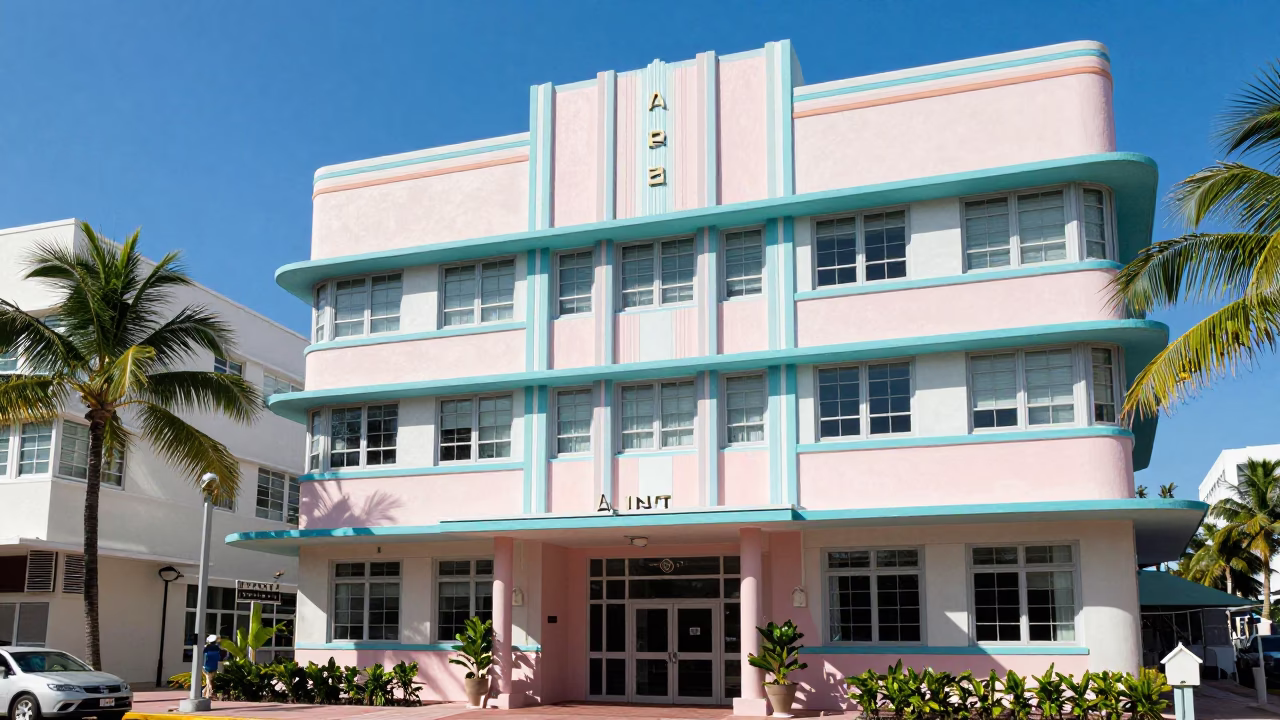 Sun-Drenched Art Deco Hotel Facade and Street Scene in Midday Miami Florida in in Miami, Florida, United States