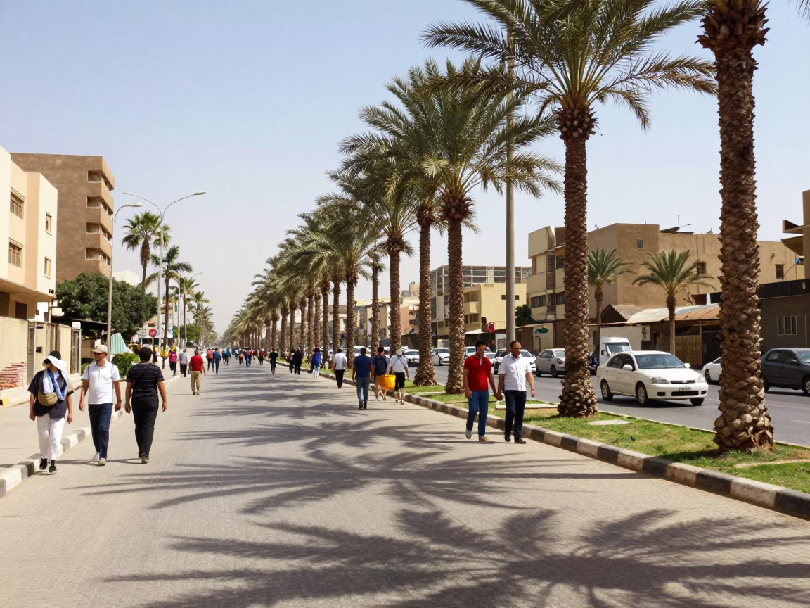Sun-drenched Cairo Street Scene with Palm Tree Avenue and Traditional Architecture in in Cairo, Egypt