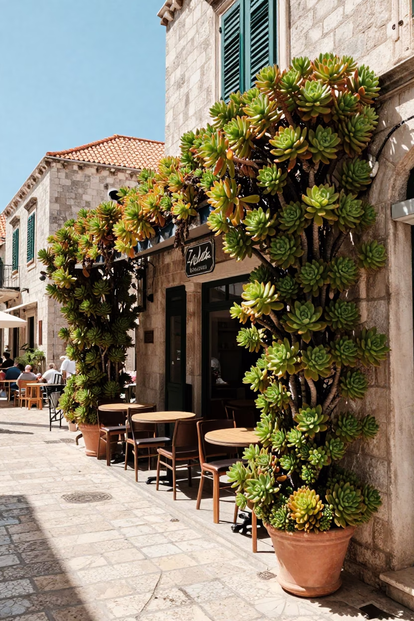 Sun-Drenched Dubrovnik Street Scene with Succulent Living Wall and Vintage Italian Majolica Plate in in Dubrovnik, Croatia