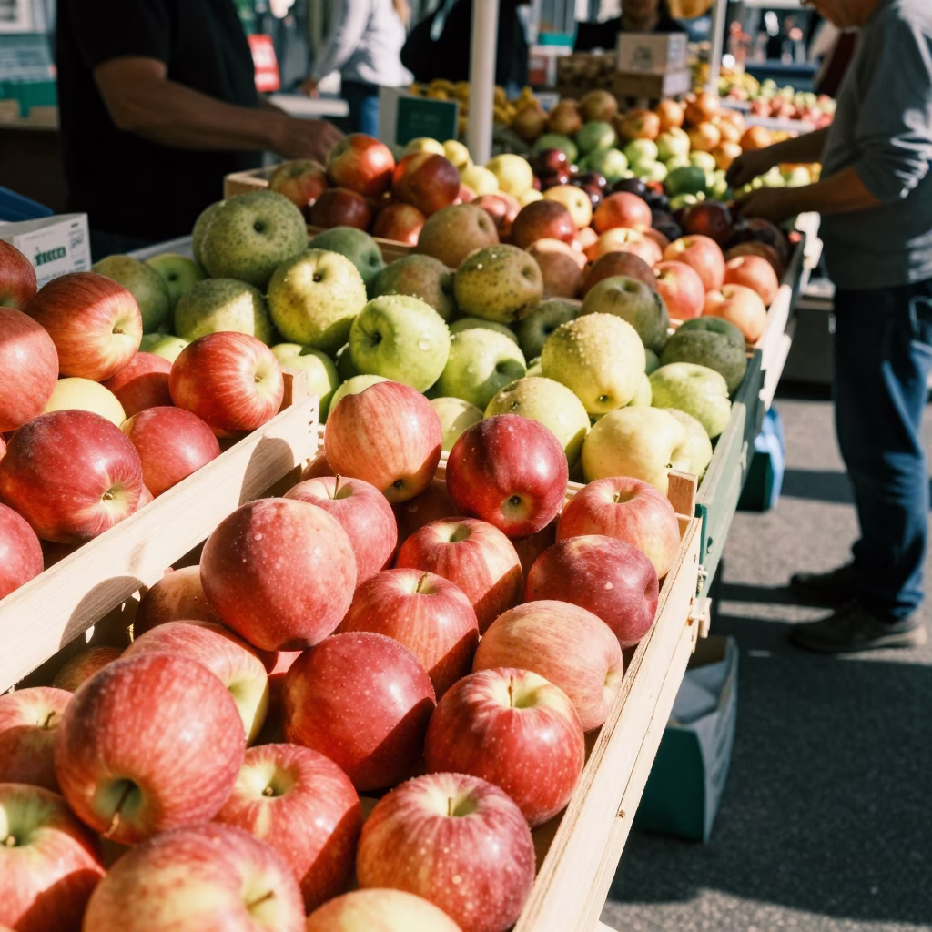 Sun-drenched fruit stand in Nice France with red apples and local market atmosphere in in Nice, France