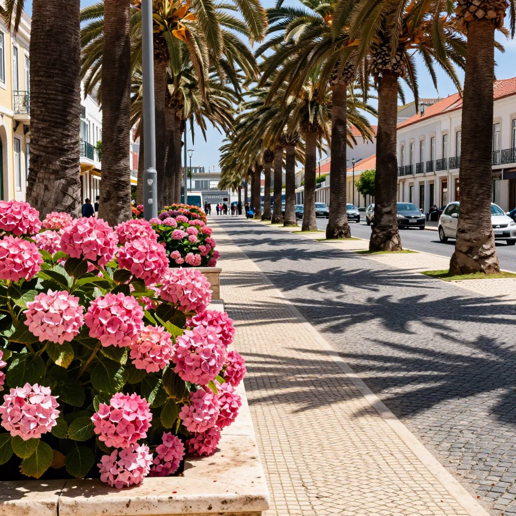 Sun-drenched Lisbon street scene with palm tree avenue and hydrangeas in bloom in in Lisbon, Portugal