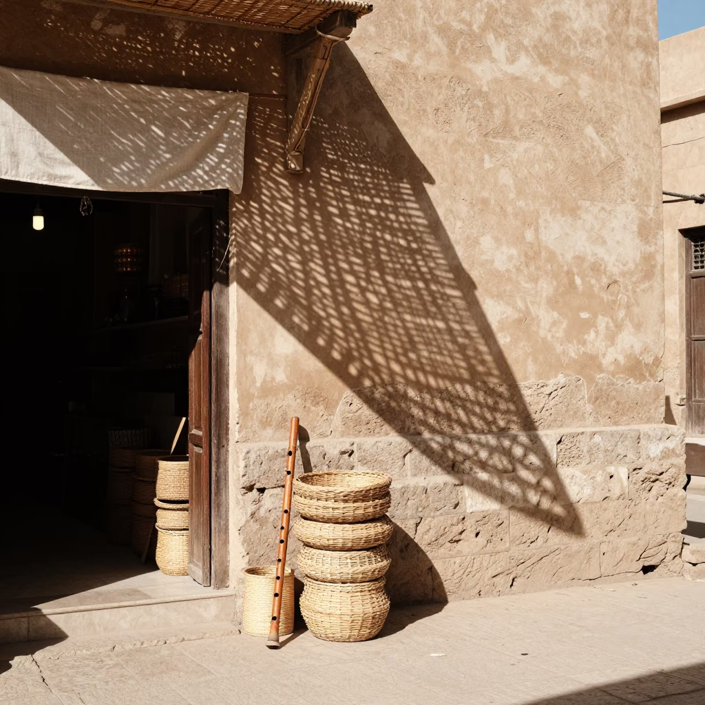 Sun-drenched Luxor Street Scene with Wicker Shadow and Linen Fringe Detail in in Luxor, Egypt