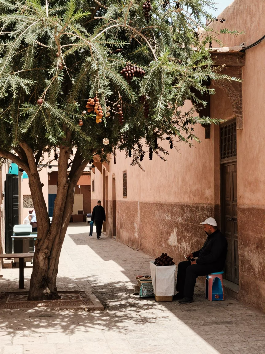 Sun-drenched Marrakech medina street scene with vendor and tamarind tree in in Marrakech, Morocco