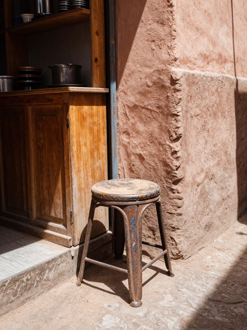 Sun-drenched Marrakech Souk Corner with Rusty Metal Stool and Dusty Shelves in in Marrakech, Morocco