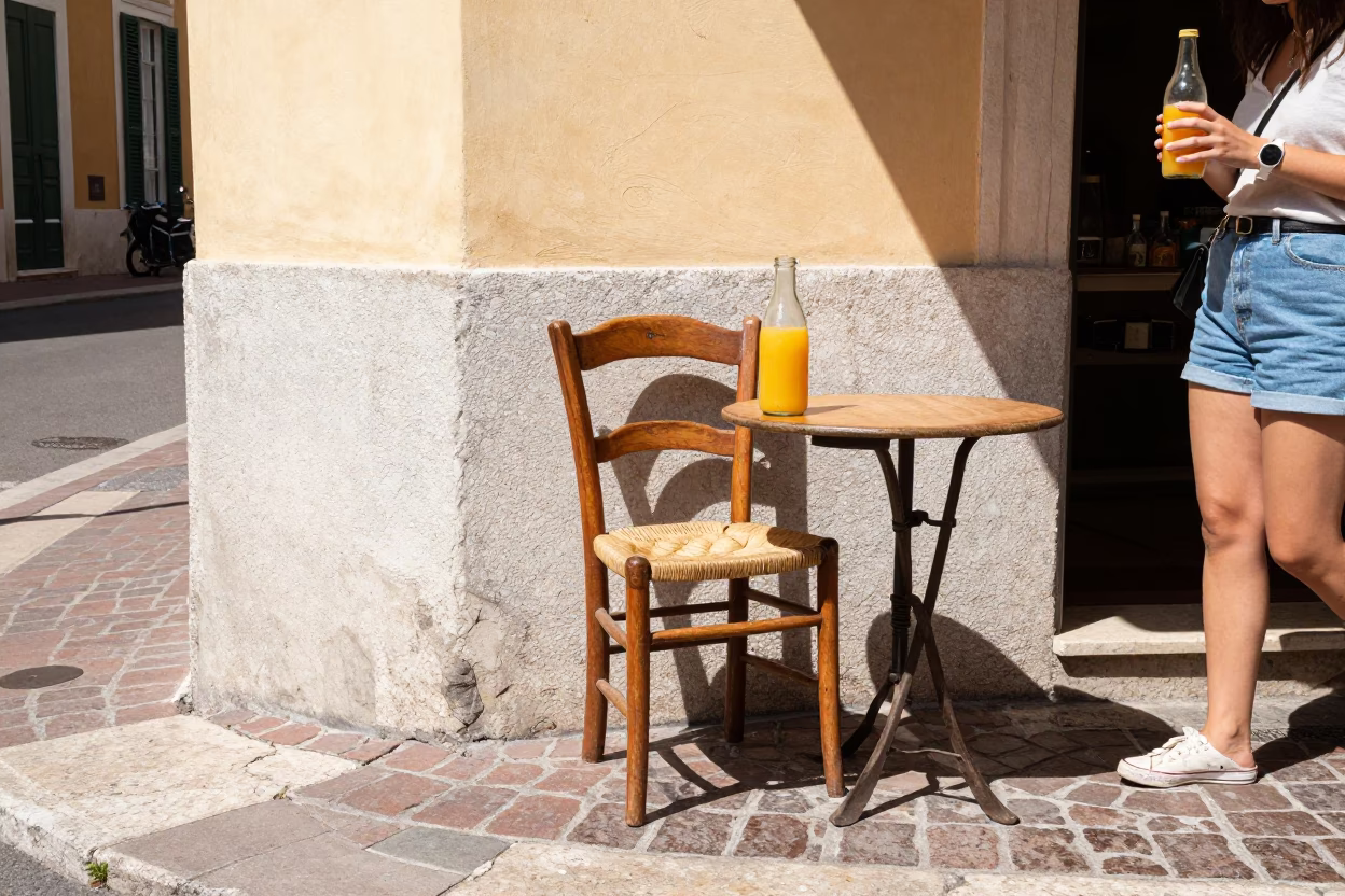 Sun-drenched Nice France street corner candid moment with vintage items and local life in in Nice, France